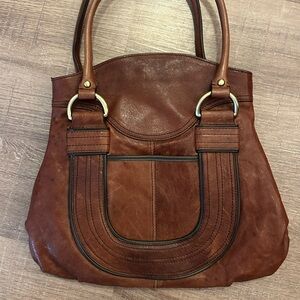 NorthStyle Brown Leather Shoulder Satchel Bag Brass Double Handles Western Tote